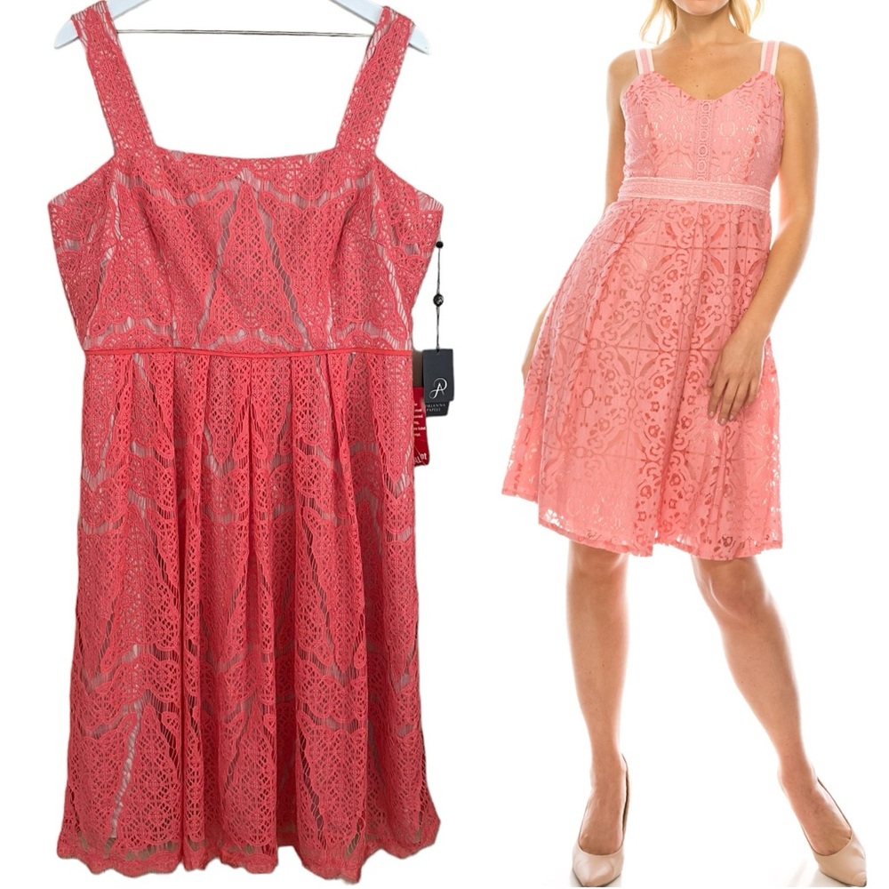 PLUS Adrianna Papell NWT Coral Pink Romantic Triangle Lace Fit & Flare Dress 16